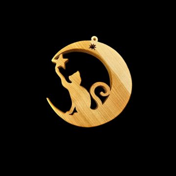 Fából készült cicás karácsonyfadísz, hold és csillag motívummal/Cicás fa karácsonyfadísz – hold és csillag motívummal