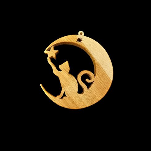 Fából készült cicás karácsonyfadísz, hold és csillag motívummal/Cicás fa karácsonyfadísz – hold és csillag motívummal