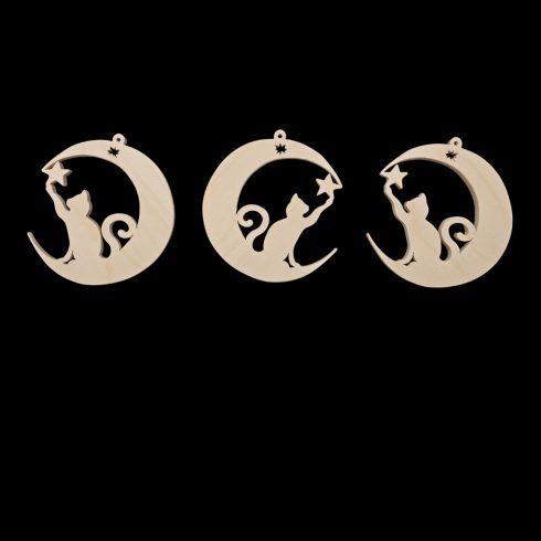 Fából készült cicás karácsonyfadísz, hold és csillag motívummal/Cicás fa karácsonyfadísz – hold és csillag motívummal