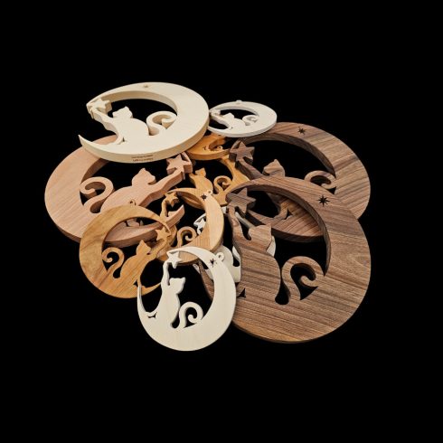 Fából készült cicás karácsonyfadísz, hold és csillag motívummal/Cicás fa karácsonyfadísz – hold és csillag motívummal