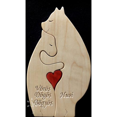 A pair of hugging polar bears made from light-colored wood, holding a red heart in their lap.