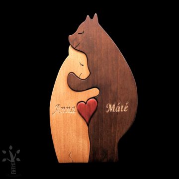 Hugging Wooden Bear Pair, Holding a Red Heart with Engraved Names 