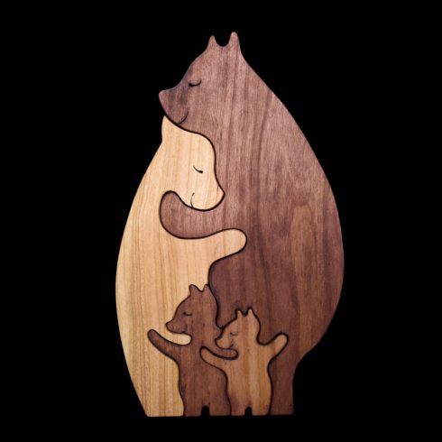 Bear family with two cubs – handmade wooden decoration with engraving