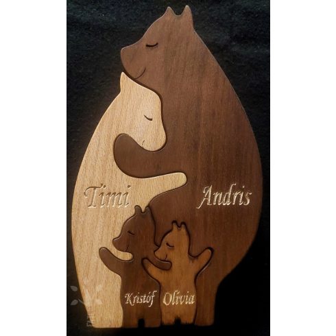 Bear family with two cubs – handmade wooden decoration with engraving