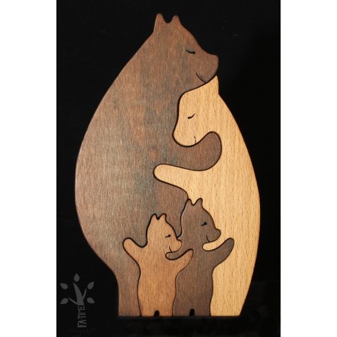 Bear family with two cubs – handmade wooden decoration with engraving