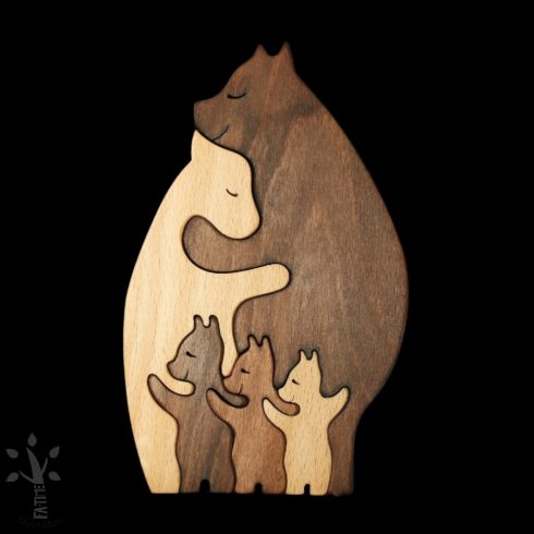 Bear family with three cubs – handmade wooden decoration with engraving