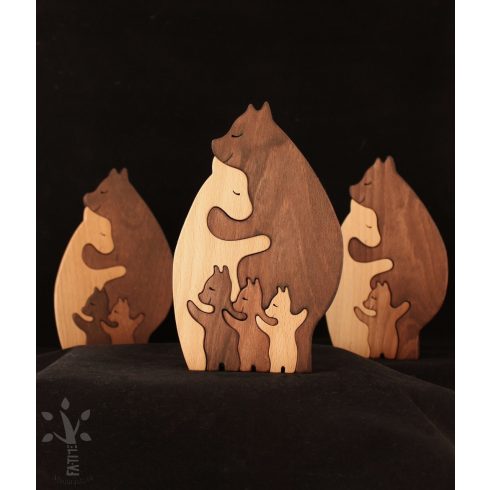 Bear family with three cubs – handmade wooden decoration with engraving
