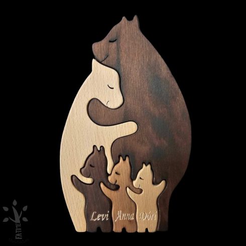 Bear family with three cubs – handmade wooden decoration with engraving