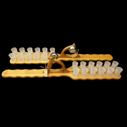 Kézműves fából készült gravírozható pálinkakínáló csengővel és poharakkal, elegáns kialakítással